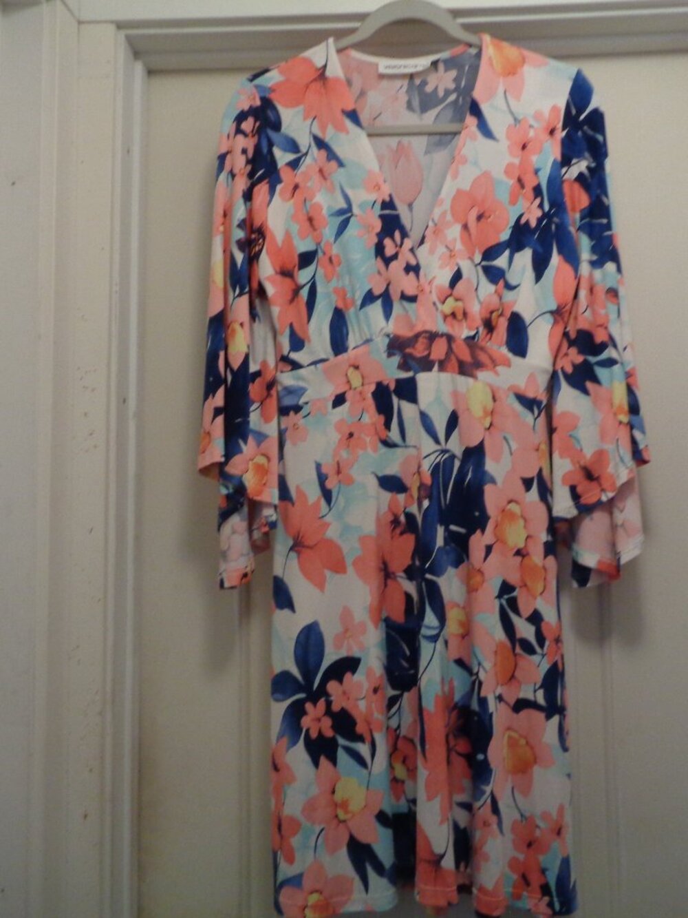 FLUID FLORALS JERSEY DRAPED CROSS BUST BELL SLEEVES DRESS BY VERONICAM L